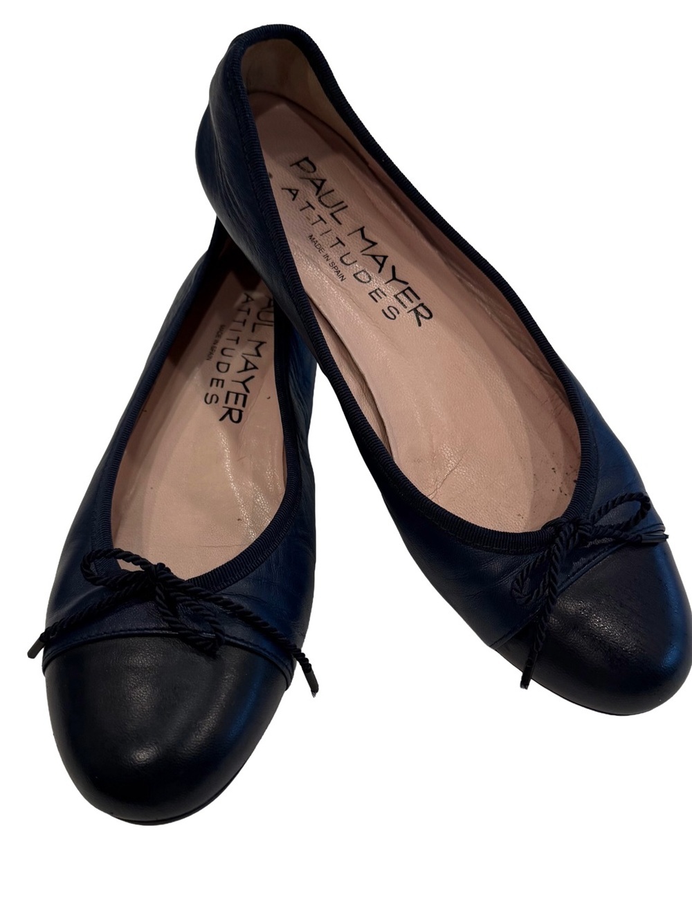 Paul Mayer Attitudes Women’s Ballet Flats Navy W/ Black Cap Toe Bow Sz 8 EUC